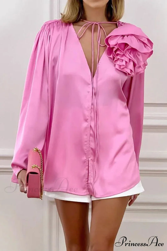 Pink V Neck Floral Lace-Up Blouse with Ruched Detail Pink / S