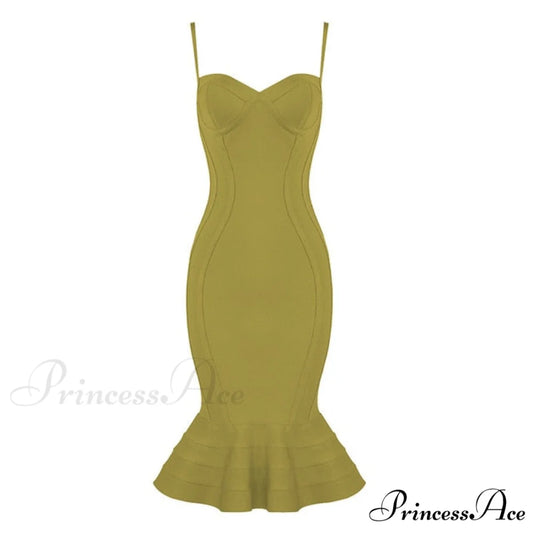 Pink Yellow Knee Length Rayon Bandage Dress Army Green / XS