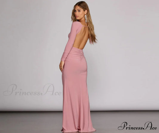 Piper Ruched Stylish Open Back Gown MAUVE / S