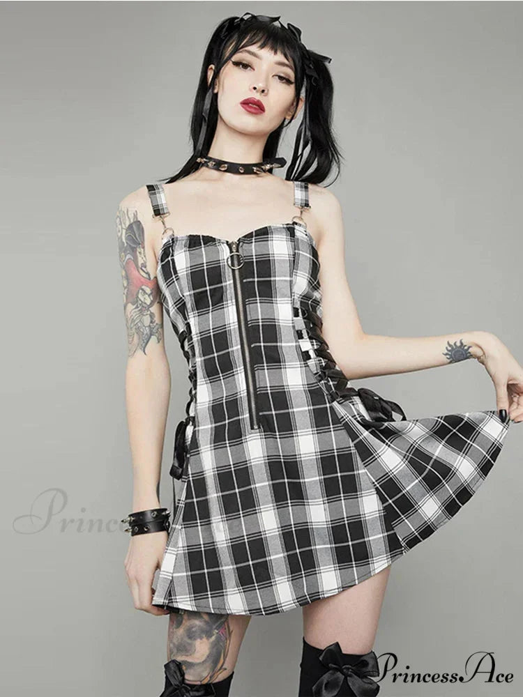 Plaid Bandage Vintage Punk Aesthetic Zipper A-Line Harajuku Fashion Sleeveless Y2K Dress
