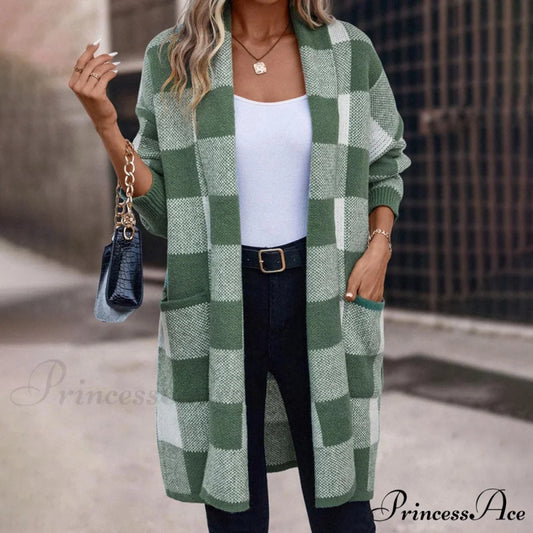 Plaid Knitted Cardigan Green / S
