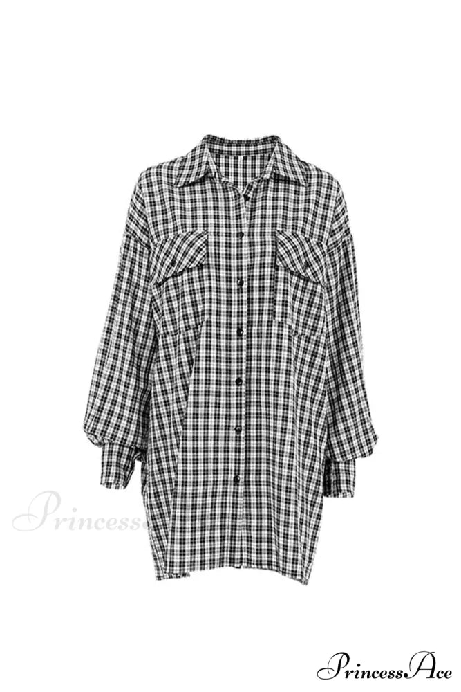 Plaid Lantern Sleeve Long Blouse with Drop Shoulder
