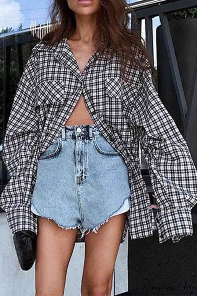 Plaid Lantern Sleeve Long Blouse with Drop Shoulder Plaid / S