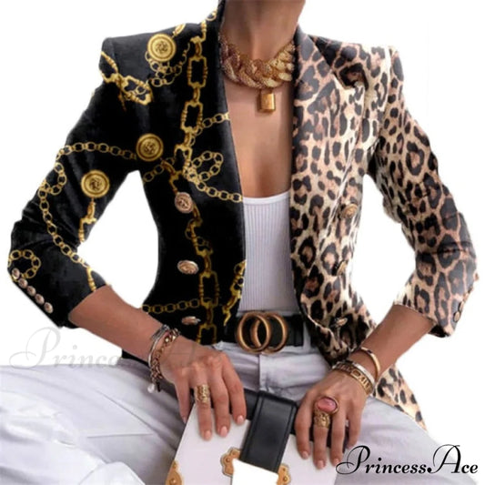 Plaid Leopard Chain Print Stitched Blazer Leopard 1 / S