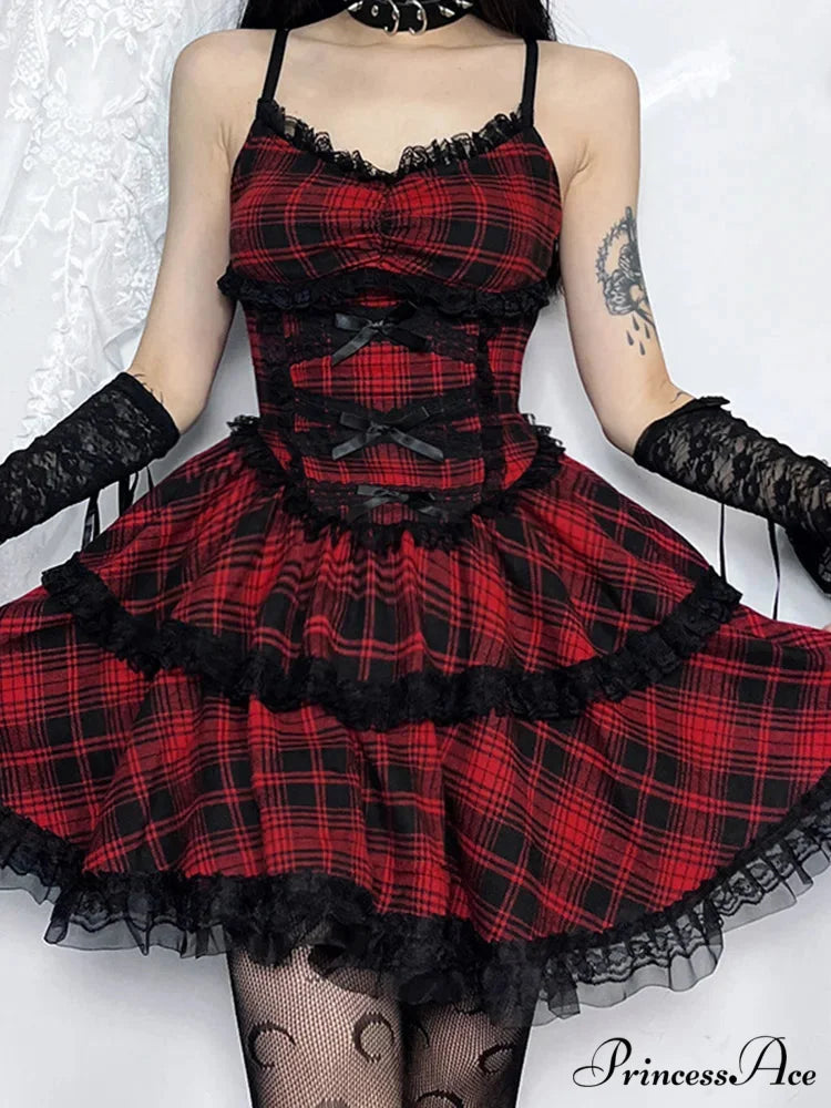 Plaid Mall Goth Grunge Punk Black Emo Party Lace Up Backless Mini Dress A-Line Dress