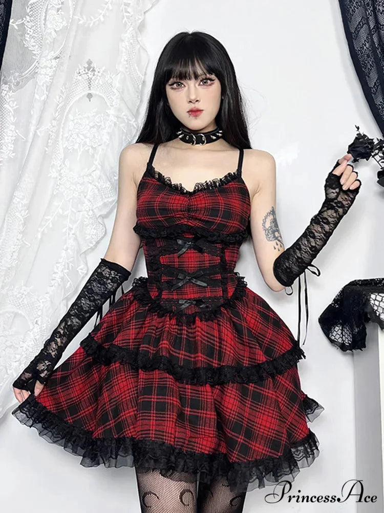 Plaid Mall Goth Grunge Punk Black Emo Party Lace Up Backless Mini Dress A-Line Dress Claret / S