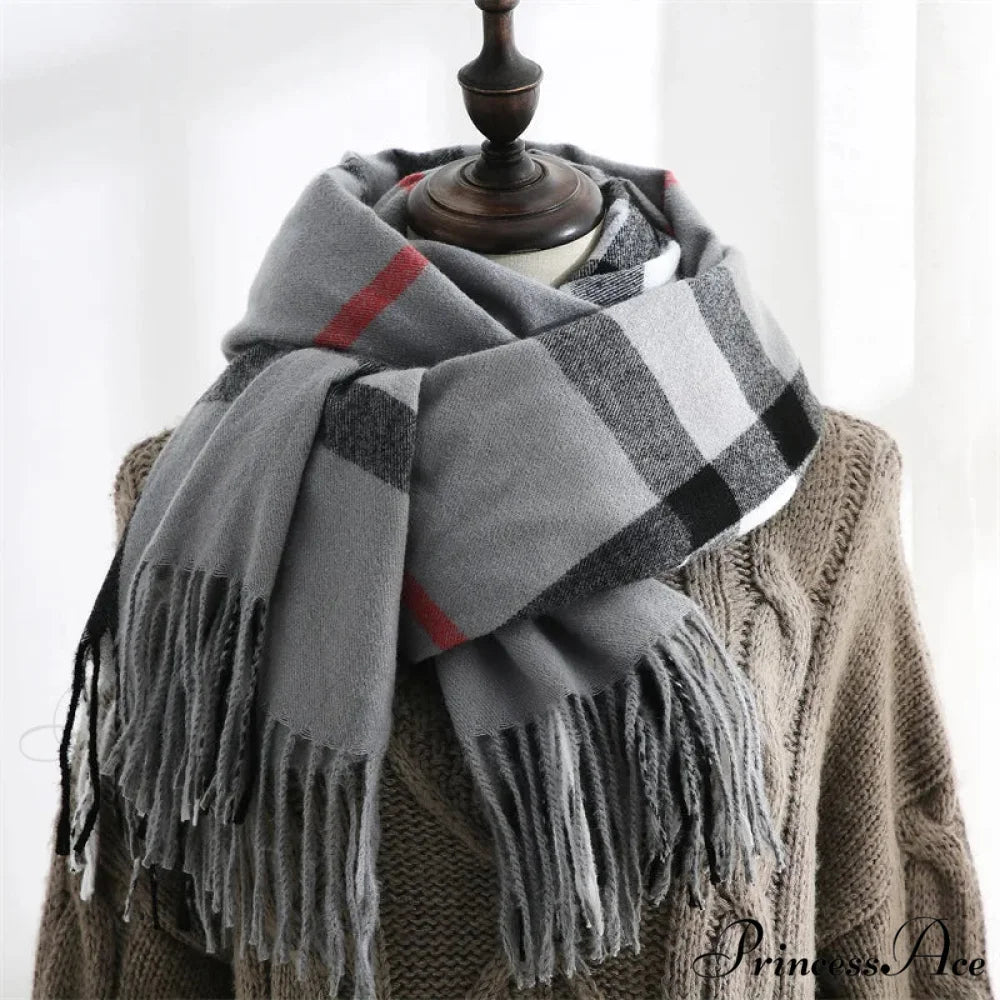 Plaid Mid-length Imitation Cashmere Warm Autumn Winter Scarf grey