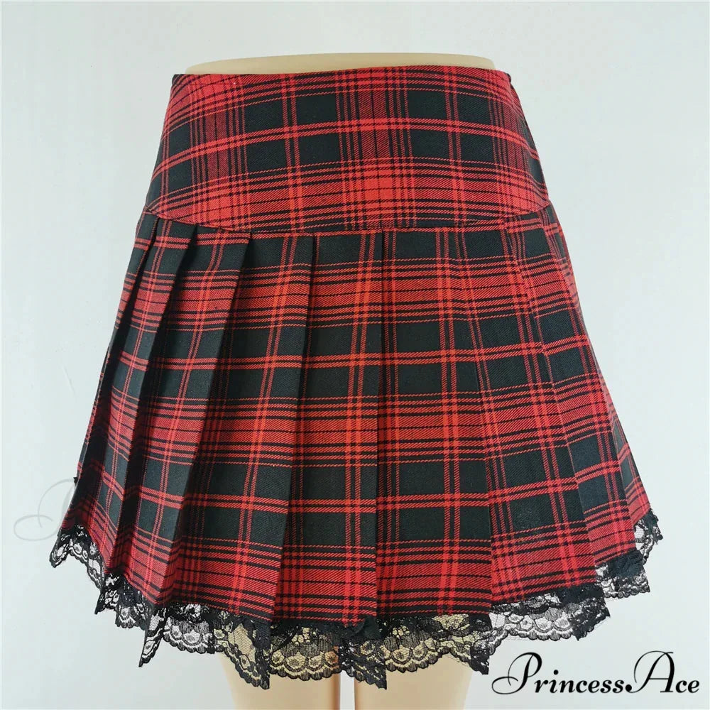 Plaid New Contrast Lace Pleated Vintage Sexy Skater Clothes Harajuku Gothic England Style Y2K Skirt RED / S