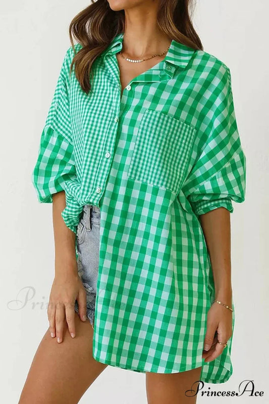 Plaid Patchwork Long Sleeve Shirt Green / L