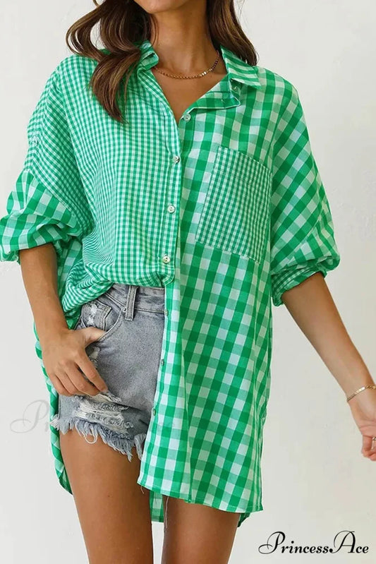 Plaid Patchwork Long Sleeve Shirt Green / S