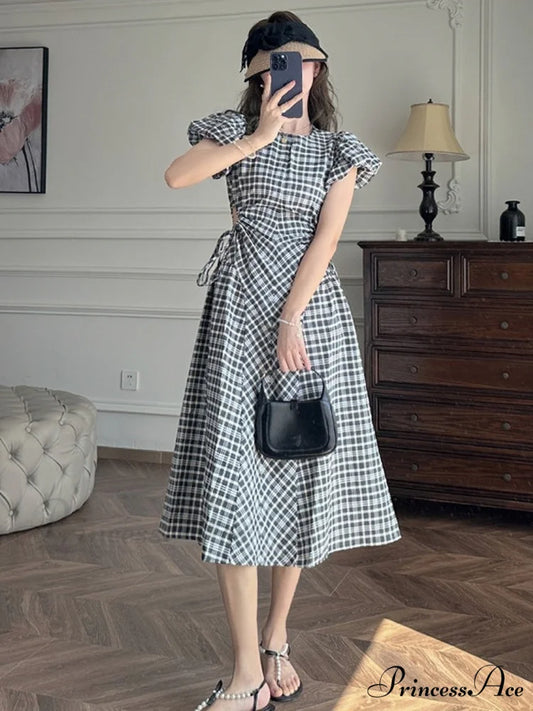 Plaid Puff Sleeve Dress with Hollow Out Design