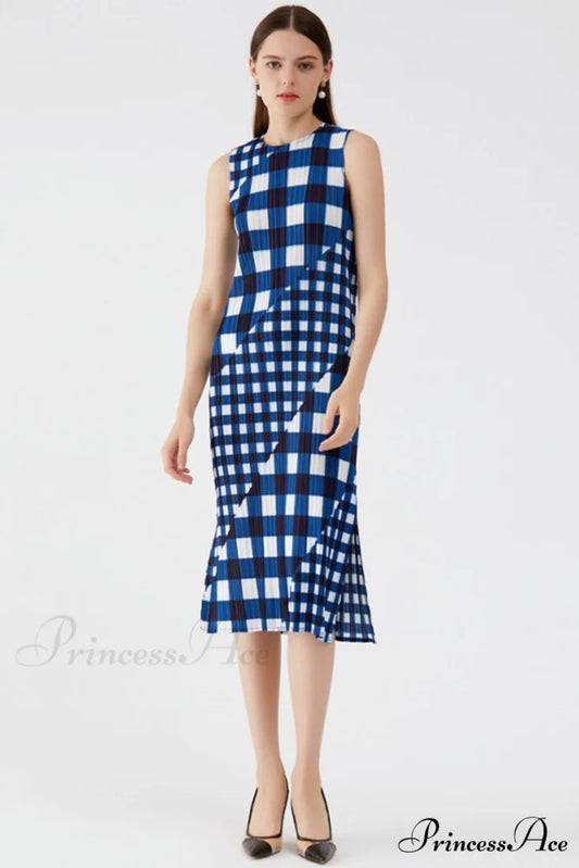 Plaid Sleeveless Pleated Dress Blue / One Size