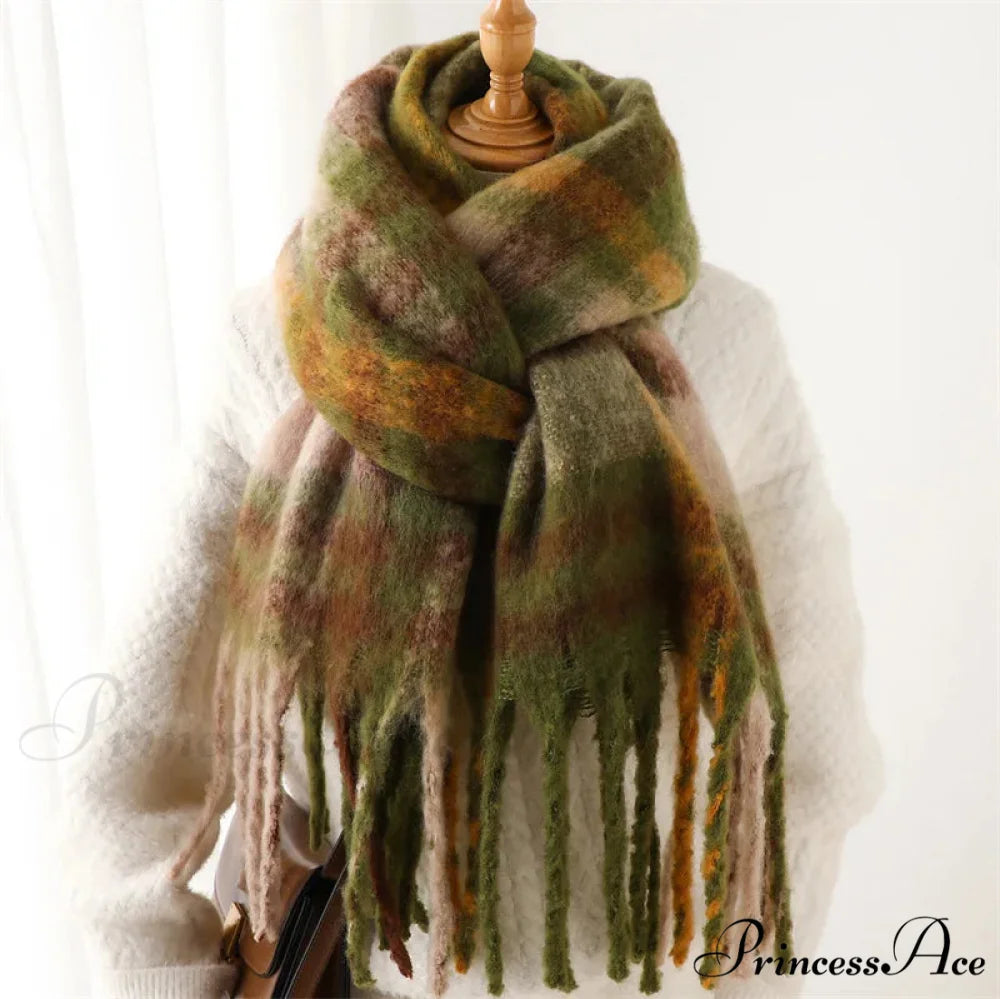 Plaid Striped Imitate Cashmere Outdoor Woman Scarf - Keep Warm and Soft Thick Green / 220x52cm