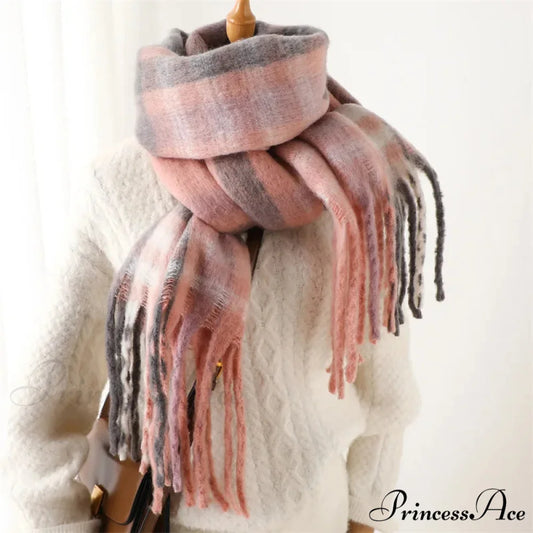 Plaid Striped Imitate Cashmere Outdoor Woman Scarf - Keep Warm and Soft Thick Pink / 220x52cm