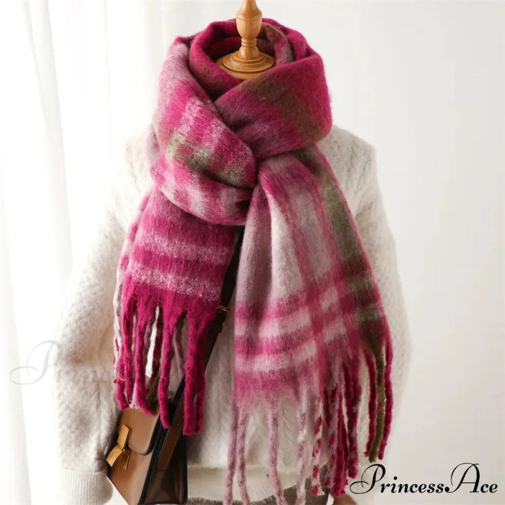 Plaid Striped Imitate Cashmere Outdoor Woman Scarf - Keep Warm and Soft Thick Rose Red / 220x52cm