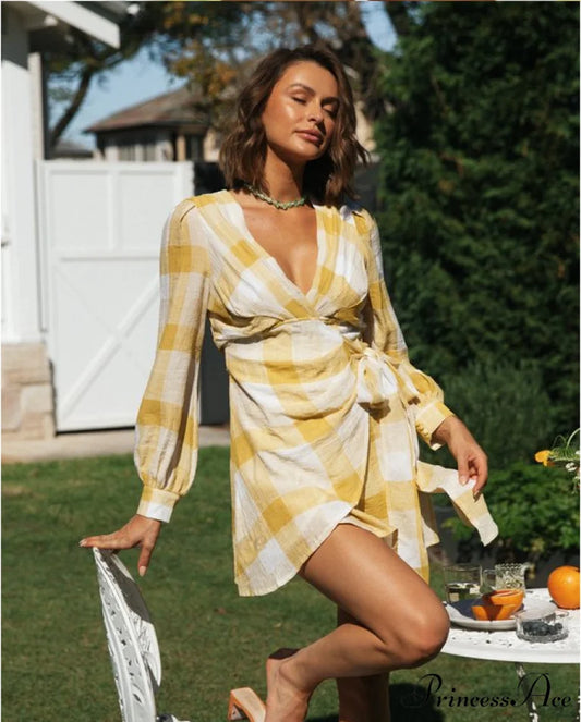 Plaid V-neck Mini Dress Women Country Style Long Sleeves Wrap Dresses S / ORANGE