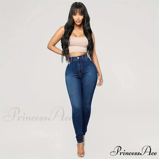 Plain High Waist Skinny High Rise Slim Fit Slash Pockets Casual Denim Jean Blue / XS