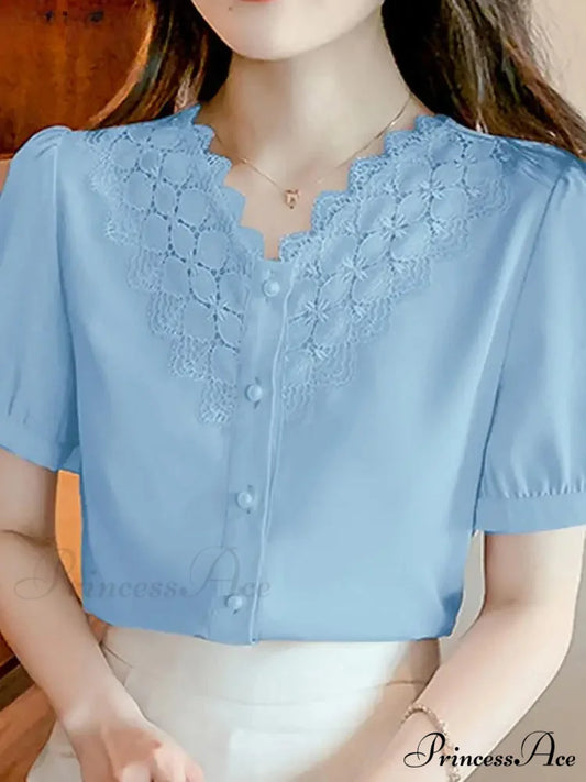 Plain Hue V Neck Short Sleeve Workplace Blouse Blue / S blouse-250126