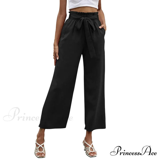 Pleated Cotton Linen Trousers with Ribbon Belt Black / S pants-241228