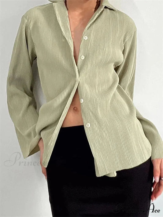 Pleated Deep-neck Button-Up Top green / S blouse-250223