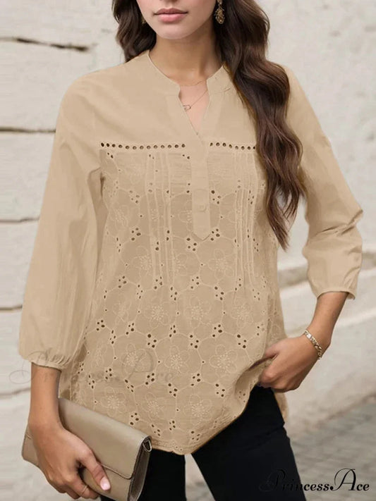 Pleated Lace Insert V-neck 3/4 Sleeve Blouse Modified Title: Folded Lace Insert V-neck Three-Quarter Sleeve Top Khaki