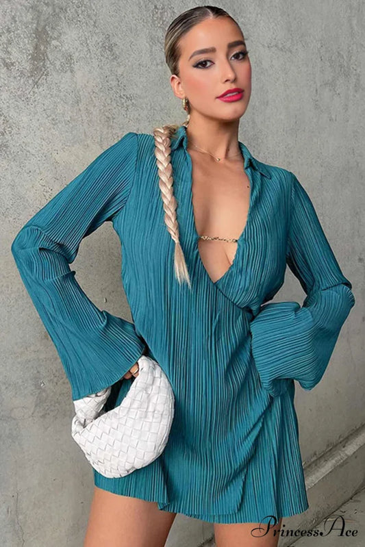 Pleated Lapel Mini Dress with Low Cut Dark Green / S