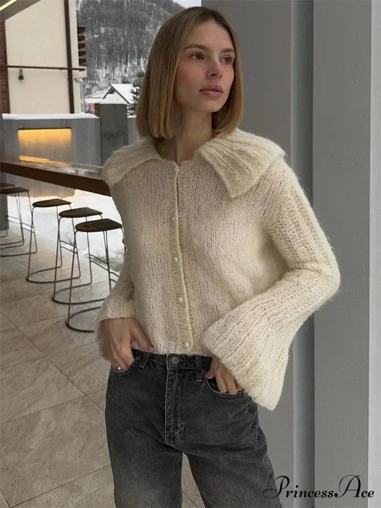 Pleated Lapel Patchwork 2000s Cardigan Beige / S cardigans-241228