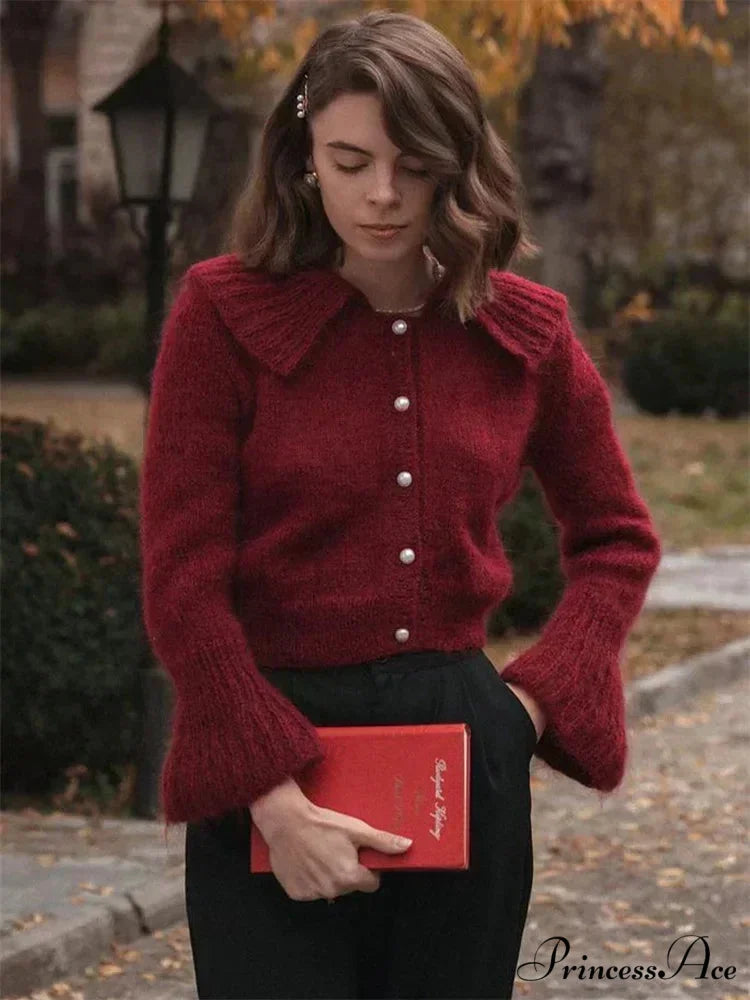 Pleated Lapel Patchwork 2000s Cardigan Burgundy / S cardigans-241228