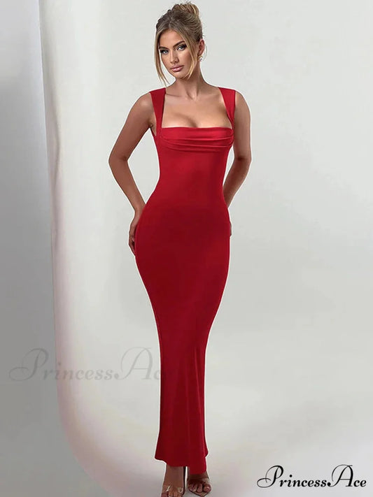 Pleated Sleeveless Evening Party Dress Elegant Sexy Bodycon Maxi Long Christmas Party Dress Red / S