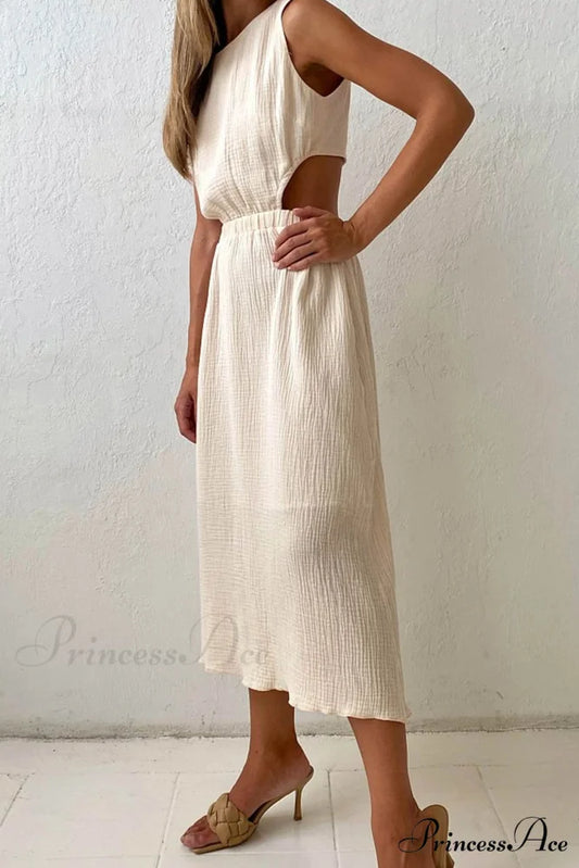 Pleated Tank Dress with Single-breasted Closure and Bare Waist Apricot / M