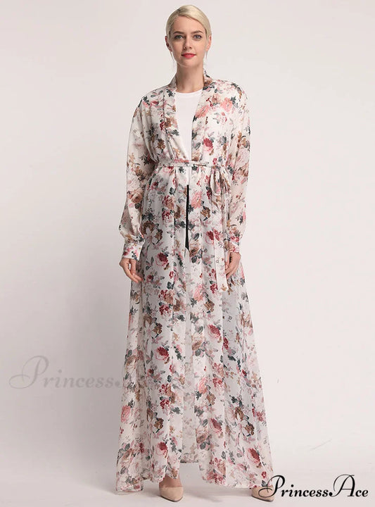 Plunging Neck Floral Print Belted Dress S / White