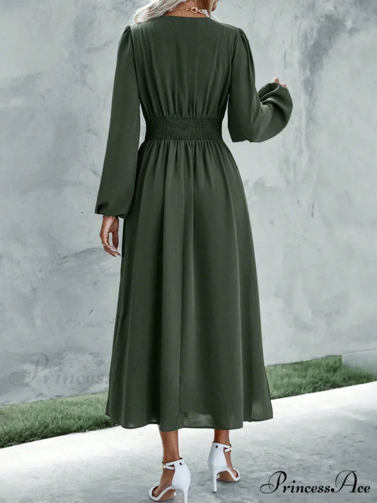 Plunging Neck Lantern Sleeve Waist Split Thigh Dress