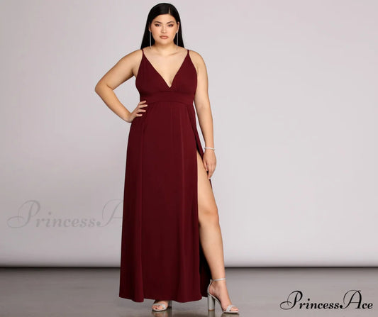 Plus Galilea Formal Charming High Slit Dress BURGUNDY / 1X