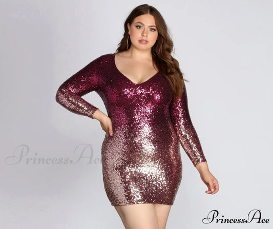 Plus Ombre Stylish Sequin Dress BURGUNDY / 1X