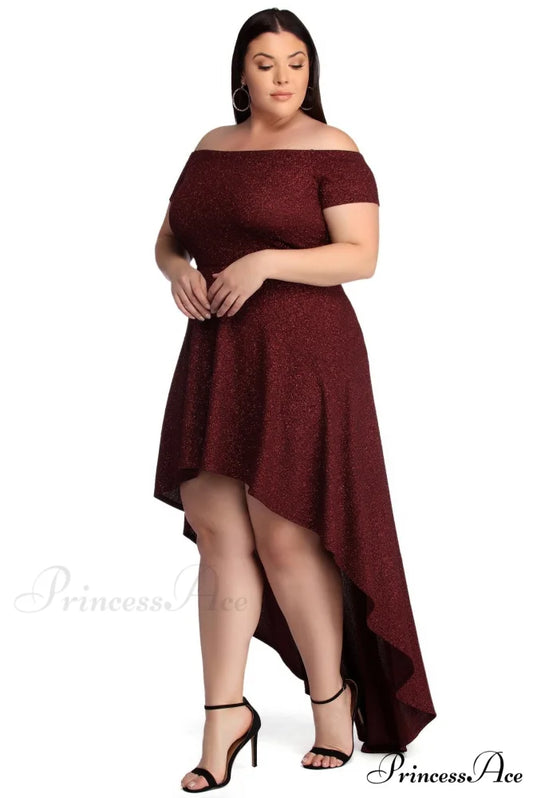Plus Penelope Glitter Charming Formal High Low Dress BURGUNDY / 1X
