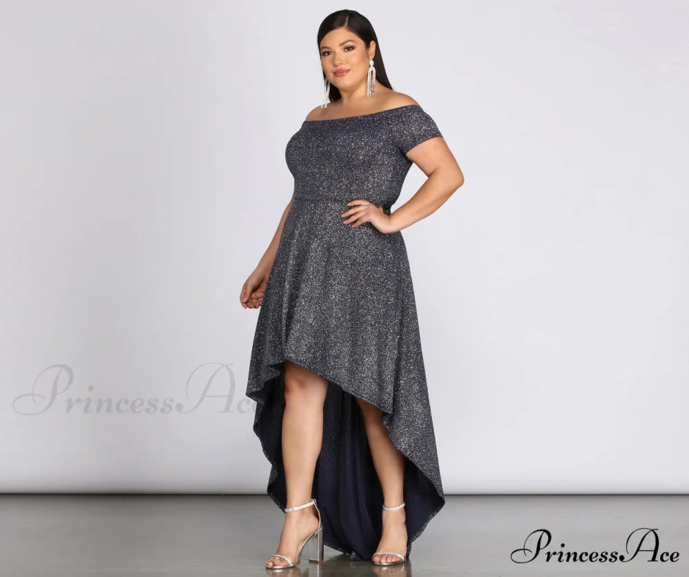 Plus Penelope Glitter Charming Formal High Low Dress NAVY / 1X