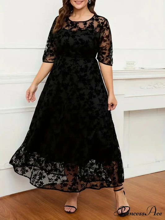 Plus Size Black Lace Embroidery Ruffled Hem Maxi Dress XL / Black