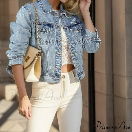 Plus Size Distressed Light Wash Denim Wi Ripped Holes Short Chic Stylish Fashionable Versatile Winter Jacket