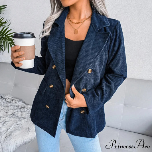 Plus Size Double Breasted Corduroy Long Sleeve Work Office Boyfriend Blazer Chic Stylish Elegant Fashionable Versatile