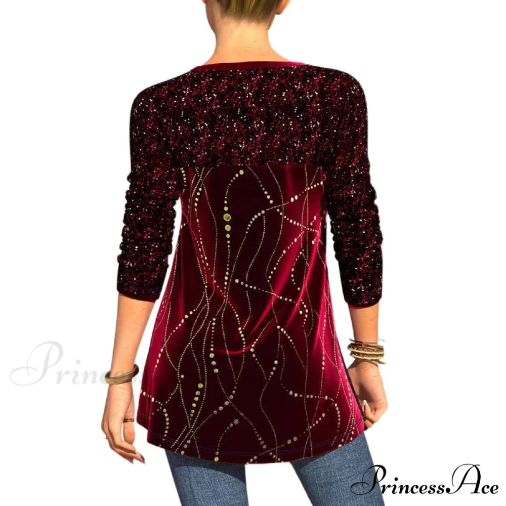 Plus Size Graphic Printed Sequins Patchwork Round Neck T Shirt