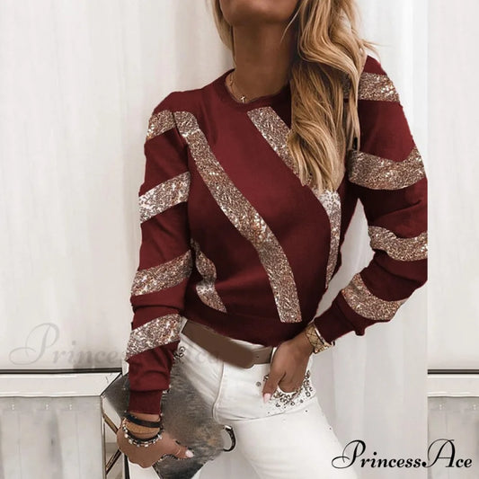 Plus Size O Neck Striped Sequin Long Sleeve T-shirt Pink / S