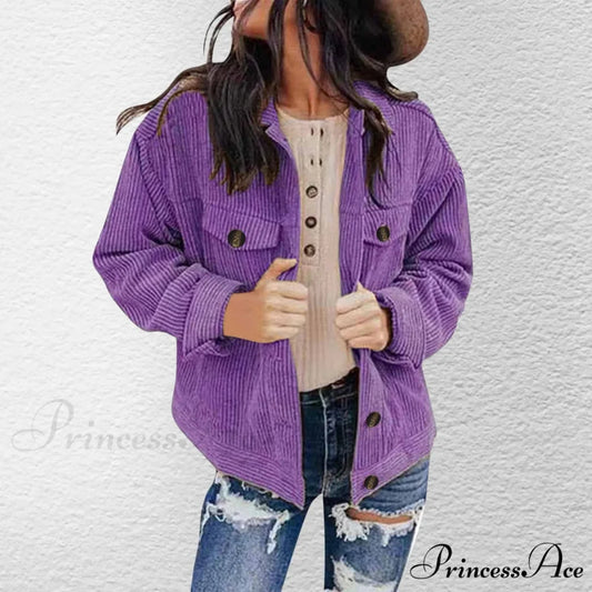 Plus Size Solid Button Chic Stylish Elegant Fashionable Versatile Lapel Pocket Corduroy Winter Jacket Purple / S