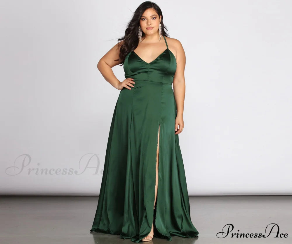 Plus Vera Satin Charming Lace Up Formal Dress HUNTER / 1X
