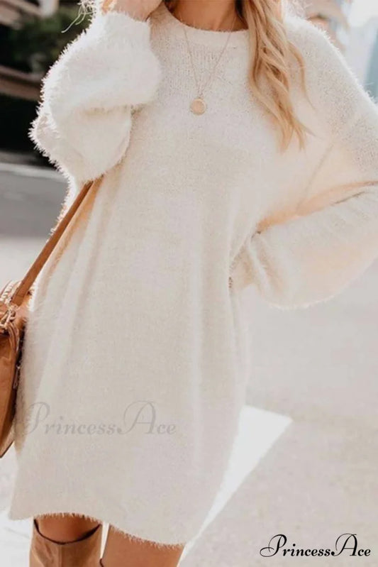 Plush Long Sleeve Crew Neck Dress Apricot / S