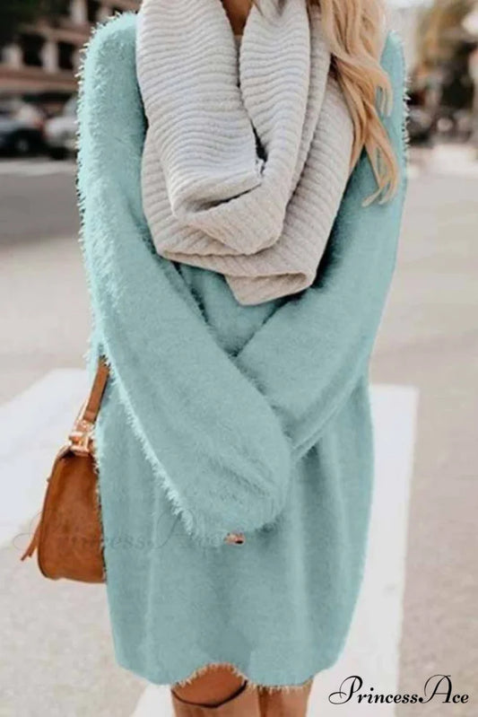 Plush Long Sleeve Crew Neck Dress Light Blue / S