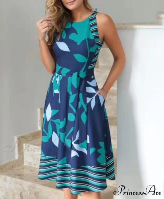 Pocket Design Belted Sleeveless Summer Dress S / BLUE
