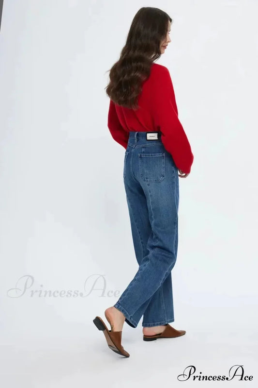 Pockets Women Temperament High Waist Straight Denim Pant Females Vintage Simple Streetwear Washed Chic 2024 New Jean