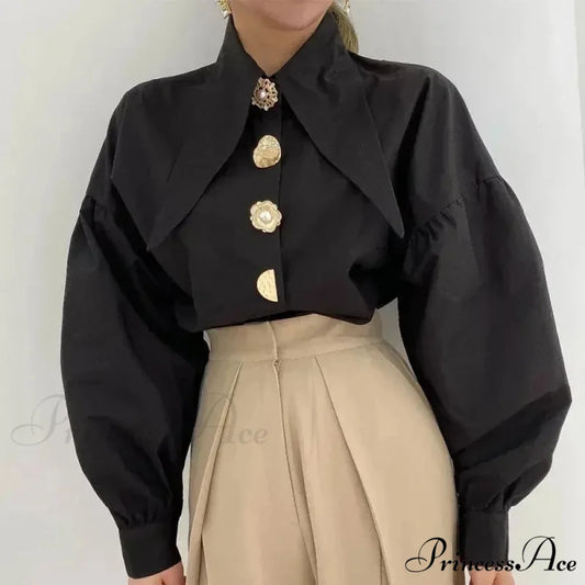 Pointed Edge Cotton Long Sleeve Professional Blouse Black / S blouse-250126