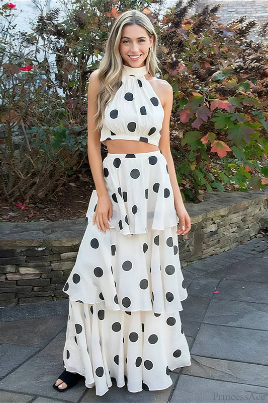 Polka Dot Halter Top Skirt Tow Pieces Set White / S