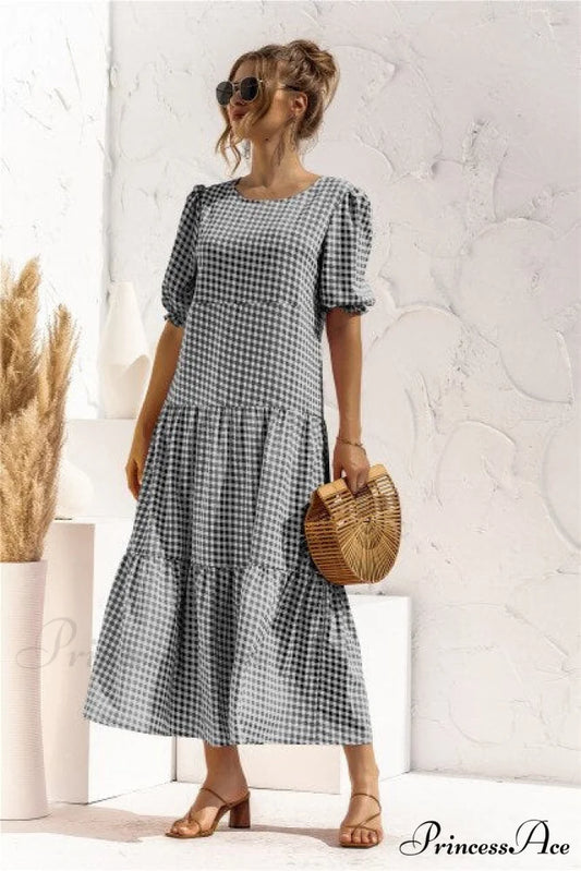 Polka Dot Plaid Print Robe Maxi Dress Black / S